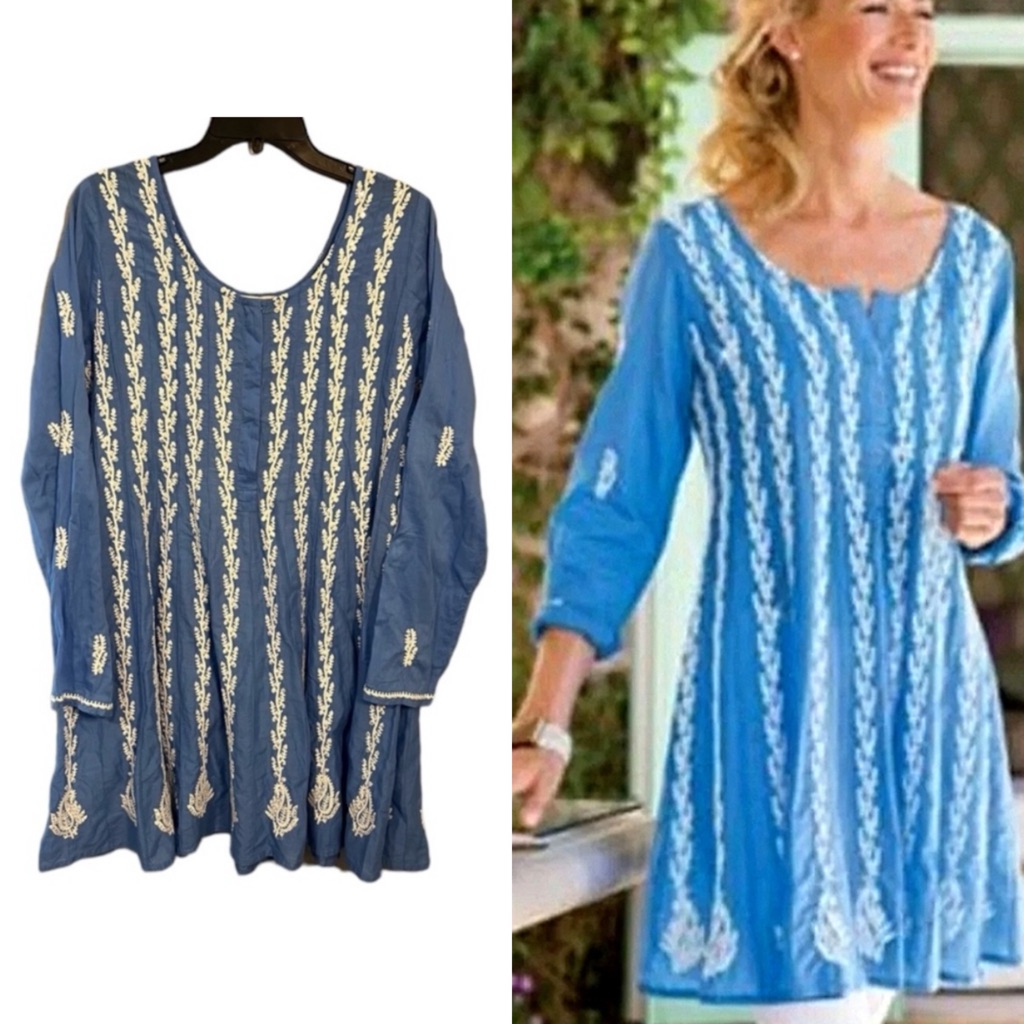 Soft Surroundings Mumbai Embroidered Sequin Tunic Blouse With Long Sleeves Boho